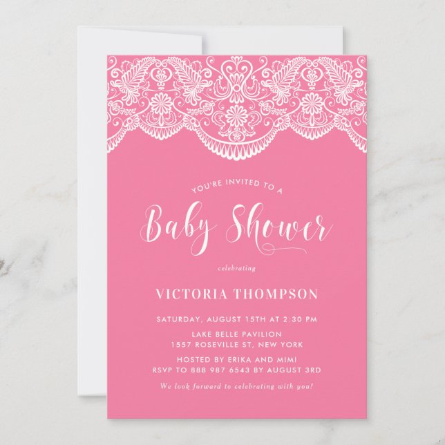 Elegant Floral Brocade Lace Pink Baby Shower Invitation (Front)