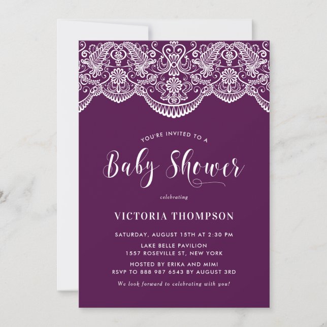 Elegant Floral Brocade Lace Purple Baby Shower Invitation (Front)