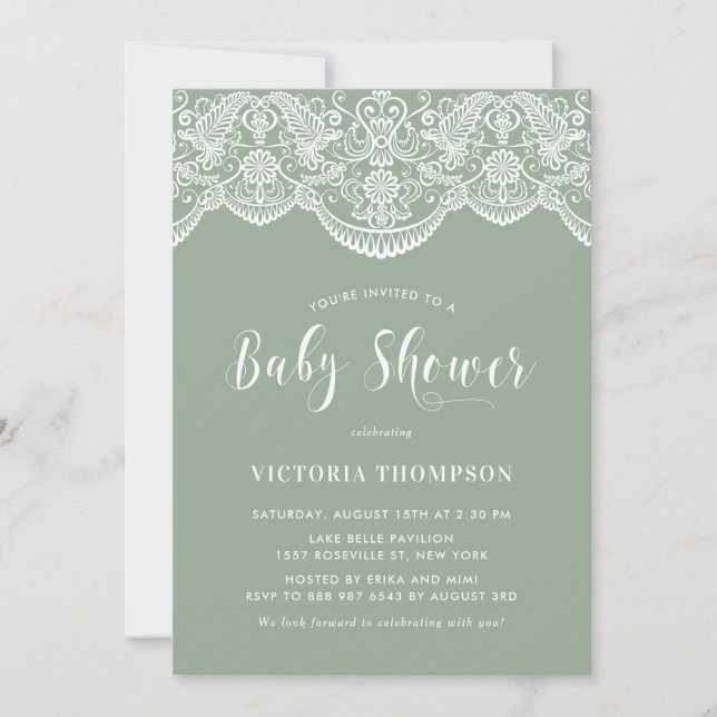 Elegant Floral Brocade Lace Sage Green Baby Shower Invitation (Front)