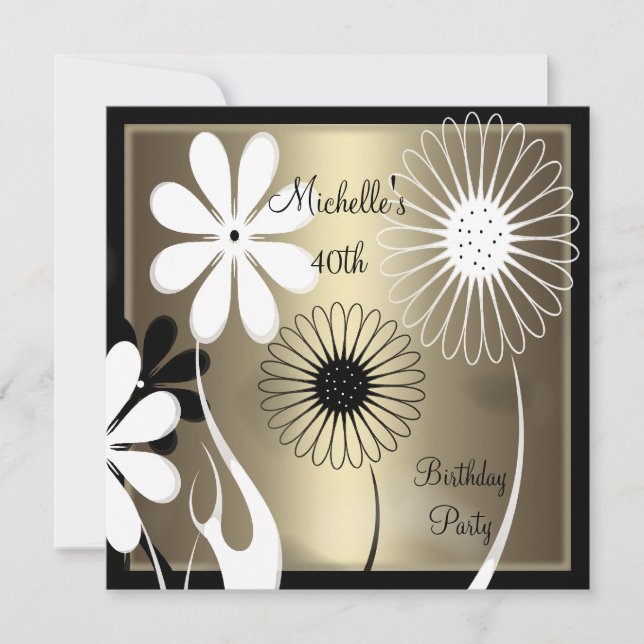 Elegant Floral Bronze black white 40th Birthday Invitation (Front)