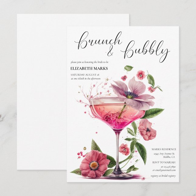 Elegant  Floral Brunch & Bubbly Bridal Shower  Inv Invitation (Front/Back)