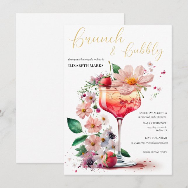 Elegant  Floral Brunch & Bubbly Bridal Shower  Inv Invitation (Front/Back)