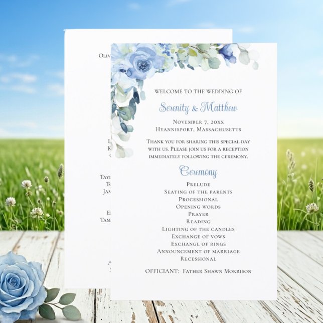 Elegant Floral Bue Watercolor Rose Wedding Program (Creator Uploaded)