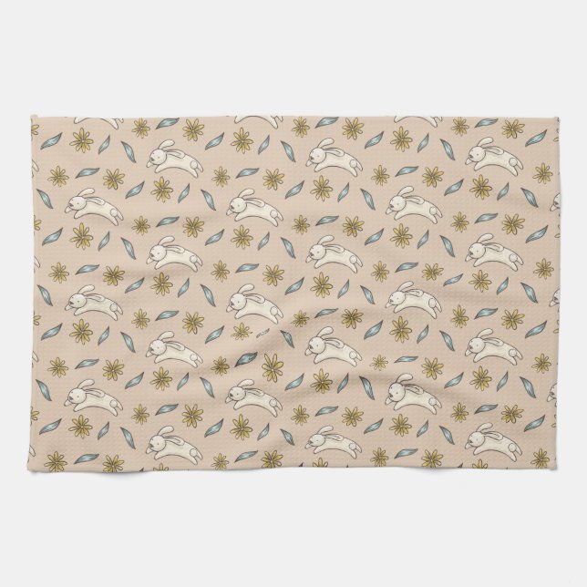 Elegant Floral Bunny Pattern Easter Kitchen Towel (Horizontal)