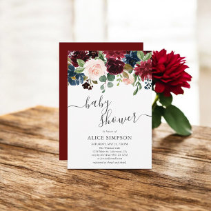 Elegant Floral Burgundy And Blue Baby Shower Invitation