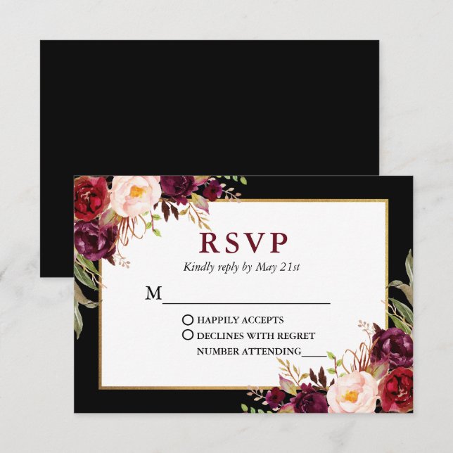 Elegant Floral Burgundy Black Gold Frame Wedding RSVP Card (Front/Back)