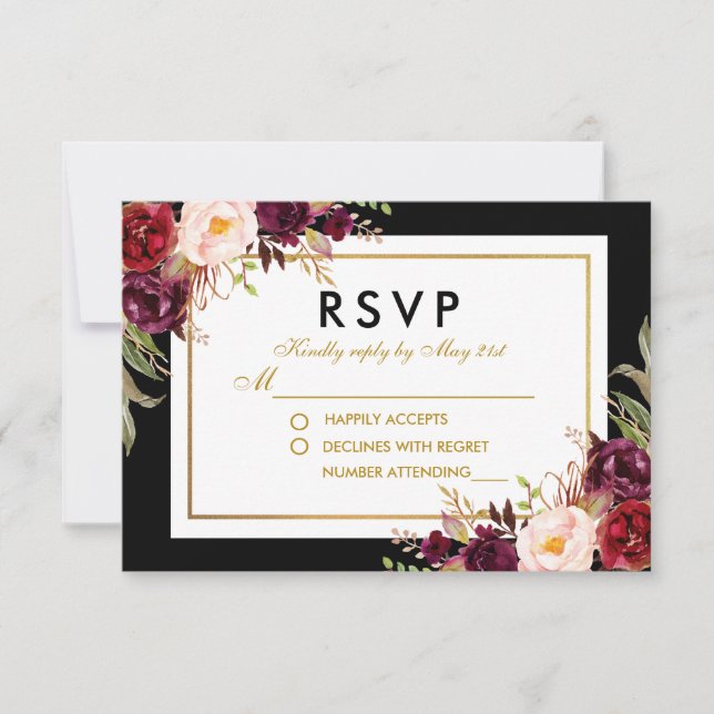 Elegant Floral Burgundy Black Gold Wedding RSVP (Front)