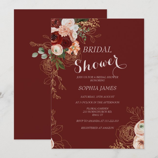 Elegant Floral Burgundy Blush Gold  Invitation (Front/Back)