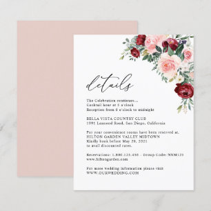 Elegant Floral Burgundy Blush Wedding Details Enclosure Card