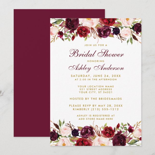 Elegant Floral Burgundy Gold Bridal Shower Invitation (Front/Back)