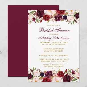 Elegant Floral Burgundy Gold Bridal Shower Invitation