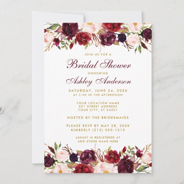 Elegant Floral Burgundy Gold Bridal Shower W Invitation (Front)