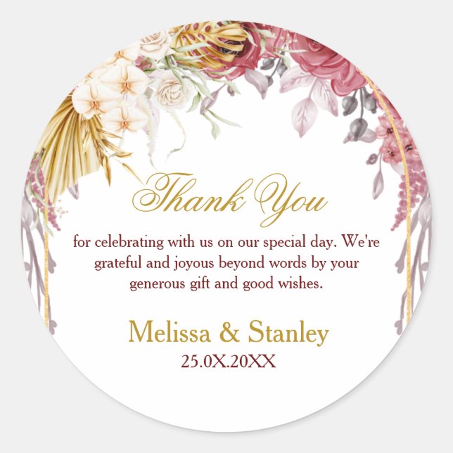 Elegant Floral Burgundy Gold Eucalyptus Wedding Classic Round Sticker (Front)