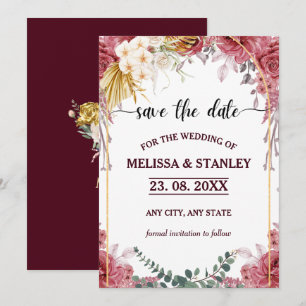 Elegant Floral Burgundy Gold Eucalyptus Wedding Save The Date