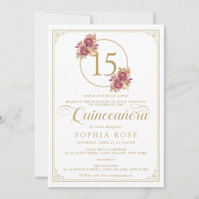 Elegant Floral Burgundy & Gold Quinceanera Invitation (Front)