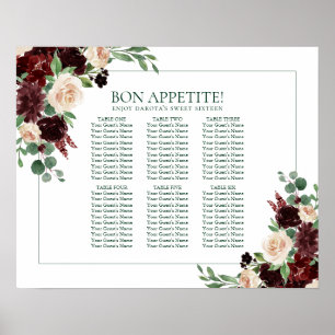 Elegant Floral   Burgundy Marsala Frame Wedding Poster