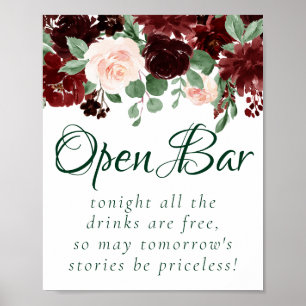 Elegant Floral Burgundy Marsala Open Bar Sign