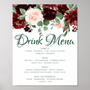 Elegant Floral   Burgundy Marsala Red Drink Menu P Poster