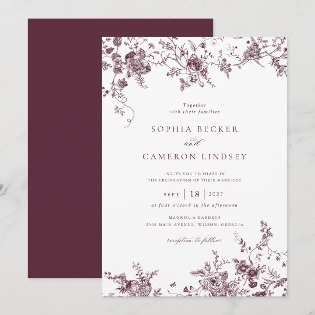 Elegant Floral Burgundy Merlot Vintage Wedding Invitation (Front/Back)