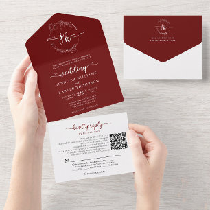 Elegant Floral Burgundy Monogram QR Code Wedding All In One Invitation