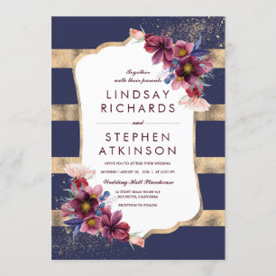 Elegant Floral Burgundy Navy and Gold Wedding Invitation