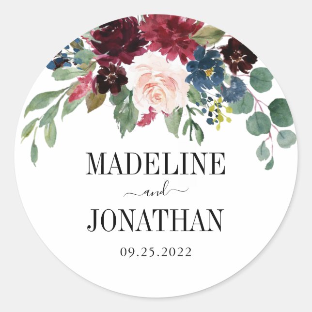 Elegant Floral Burgundy Navy Blue Wedding Classic Round Sticker (Front)