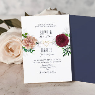 Elegant Floral Burgundy Navy Blue Wedding Invitation