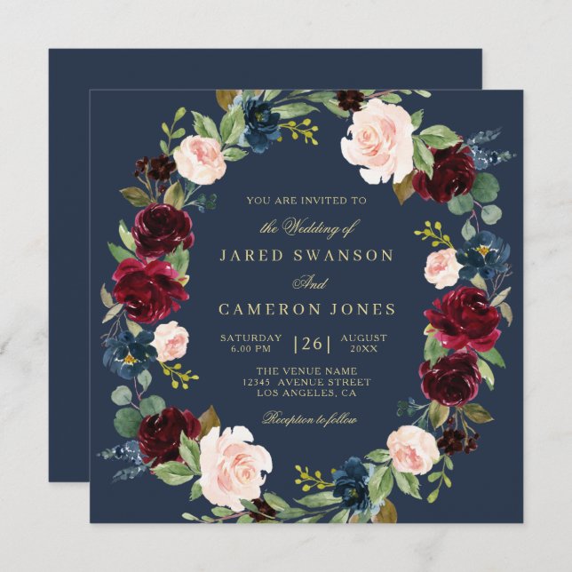 elegant floral burgundy navy wedding invitation (Front/Back)
