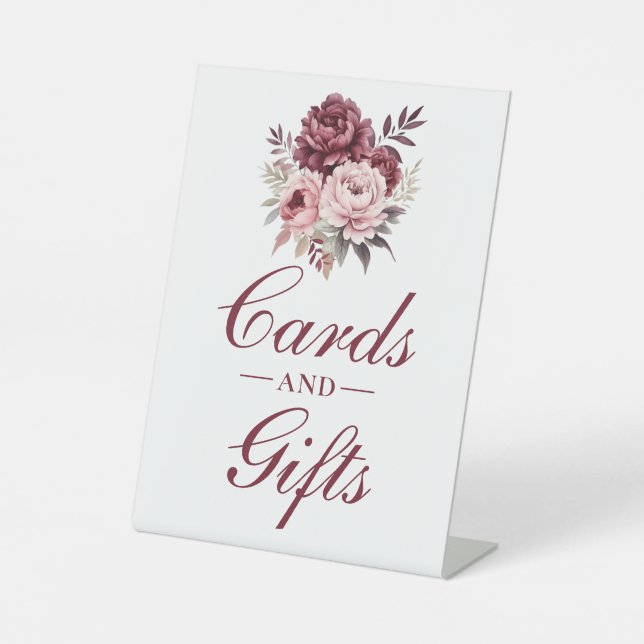 Elegant Floral Burgundy Peony Cards Gifts Wedding  Pedestal Sign (Front)