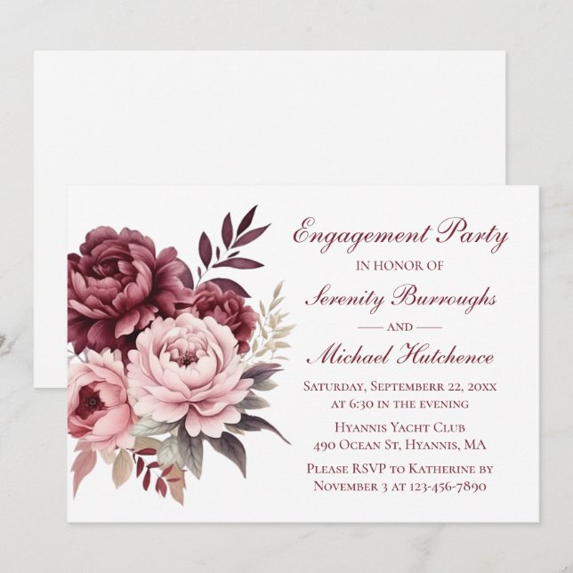 Elegant Floral Burgundy Peony Wedding Engagement  Invitation (Front/Back)