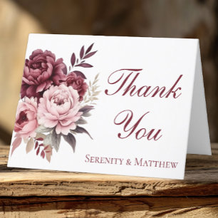 Elegant Floral Burgundy Peony Wedding Thank You Card