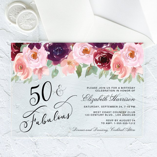 Elegant Floral Burgundy Pink 50th Birthday Party Acrylic Invitations (Creator Uploaded)