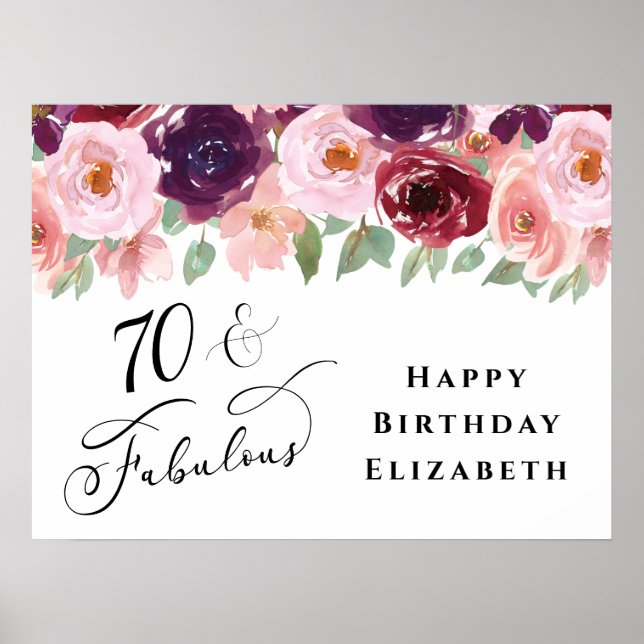 Elegant Floral Burgundy Pink 70th Birthday Party Poster (Front)