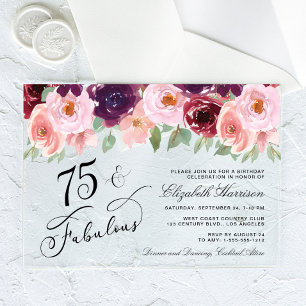 Elegant Floral Burgundy Pink 75th Birthday Party Acrylic Invitations