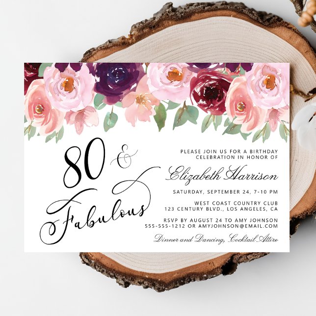 Elegant Floral Burgundy Pink 80th Birthday Party Invitation (Creator Uploaded)