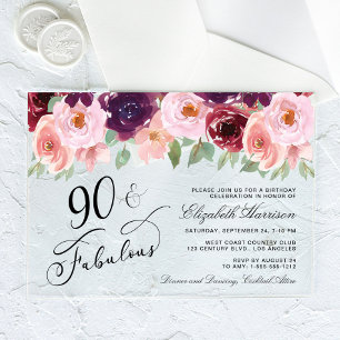Elegant Floral Burgundy Pink 90th Birthday Party Acrylic Invitations