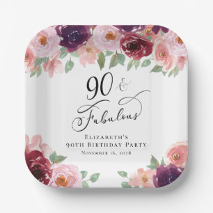 Elegant Floral Burgundy Pink 90th Birthday Party Paper Plate