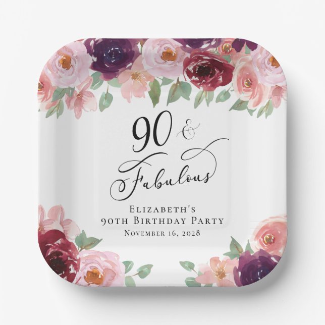 Elegant Floral Burgundy Pink 90th Birthday Party Paper Plate (Front)