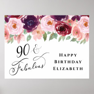 Elegant Floral Burgundy Pink 90th Birthday Party Poster