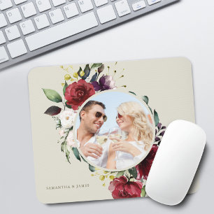 Elegant Floral Burgundy Pink Wreath Photo Mouse Mat
