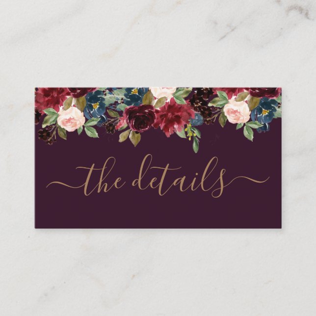 Elegant Floral Burgundy Plum Jewel Tone Wedding Enclosure Card (Front)