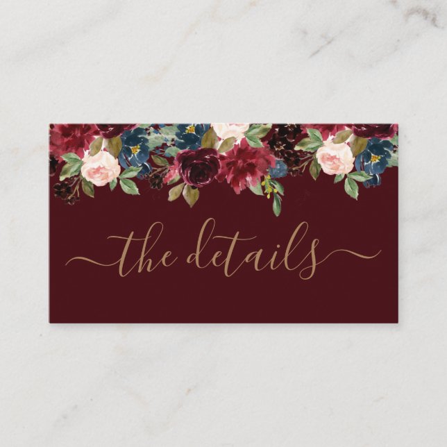 Elegant Floral Burgundy Red Jewel Tone Wedding Enclosure Card (Front)