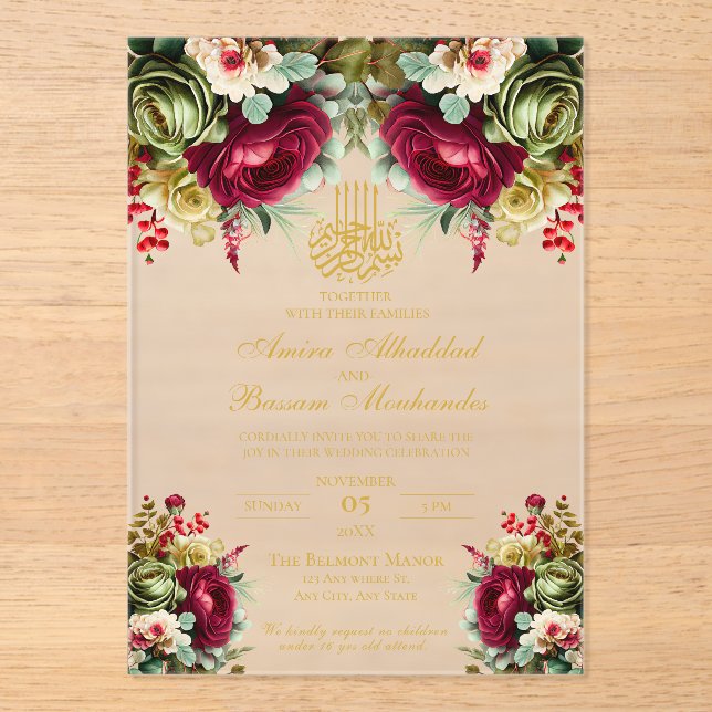 Elegant Floral Burgundy Red Roses Islamic Wedding  Acrylic Invitations (Front)