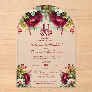 Elegant Floral Burgundy Roses 3 Islamic Wedding  Acrylic Invitations