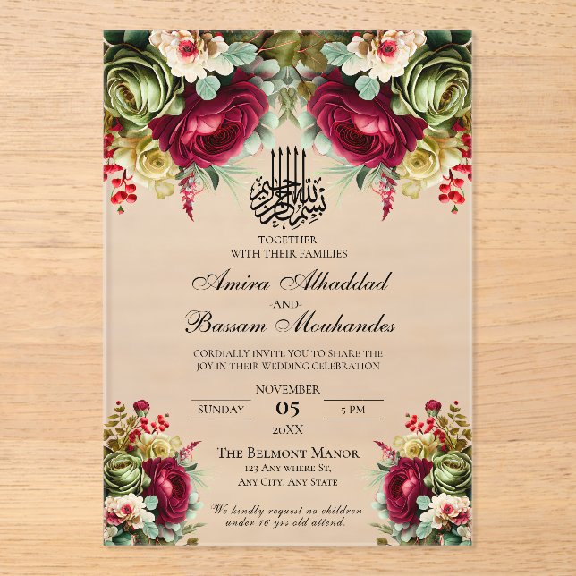 Elegant Floral Burgundy Roses Islamic Wedding  Acrylic Invitations (Front)