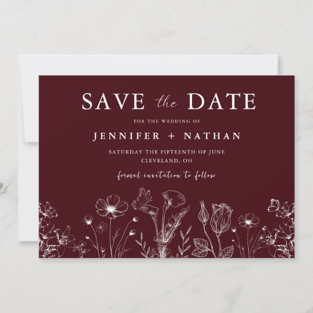 Elegant Floral Burgundy Save the Date Card  (Front)