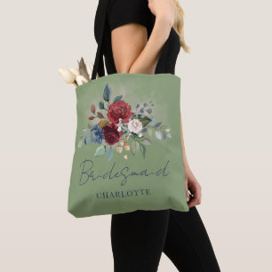 Elegant Floral Burgundy Script Wedding Bridesmaid Tote Bag
