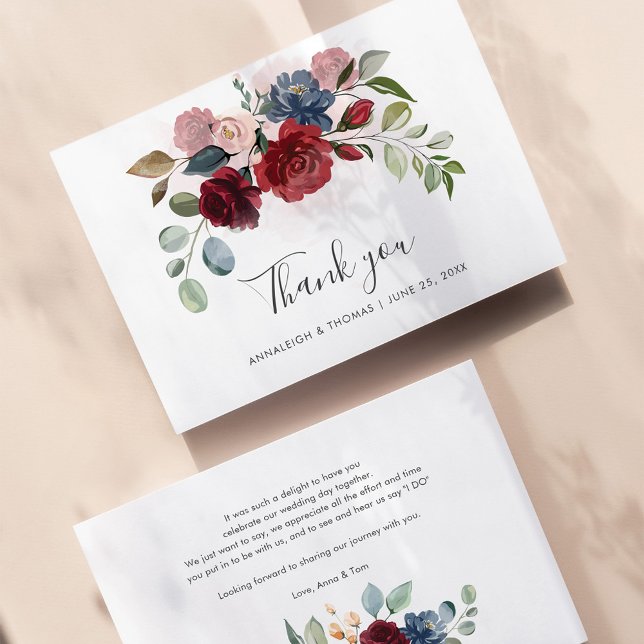 Elegant Floral Burgundy Script Wedding Thank You Card (Creator Uploaded)