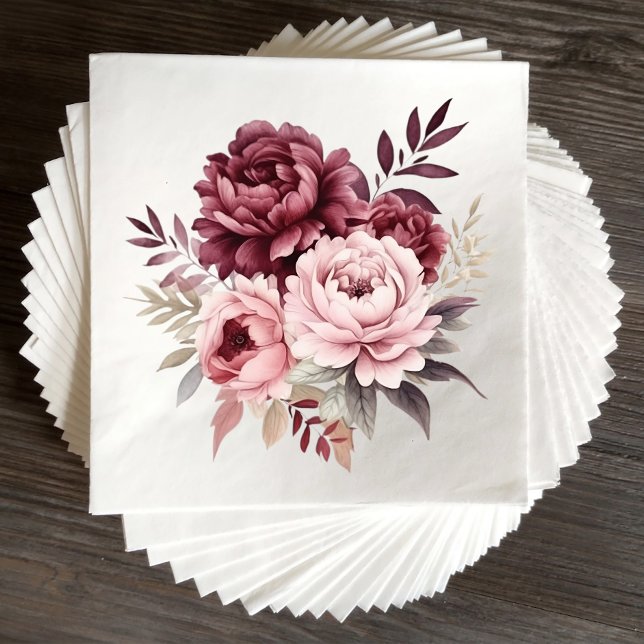 Elegant Floral Burgundy Watercolor Peony Wedding Napkin (Creator Uploaded)