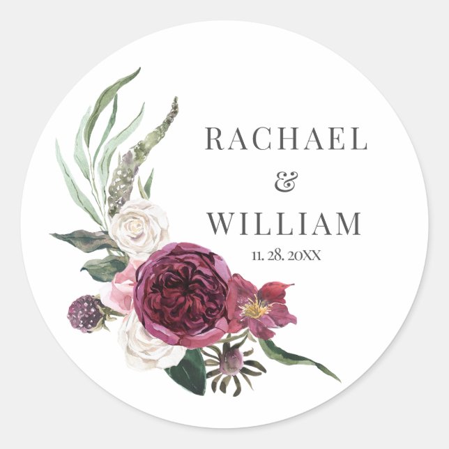 Elegant Floral Burgundy Watercolor Wedding Classic Round Sticker (Front)
